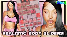 an animated image of a woman in front of a wall with lipstick on it and the words realistic body sliders