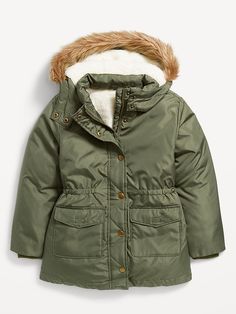 Water-Resistant Sherpa-Lined Hooded Parka Coat for Girls | Old Navy Standing Collar, Hooded Parka, Green Coat, Parka Coat, Sherpa Lined, Cinched Waist, Fur Trim