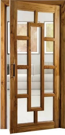 an open wooden door with glass panels