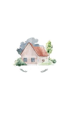 a drawing of a house with trees and clouds in the background