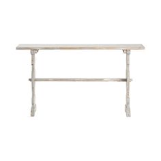 a white wooden table with two legs and a shelf on the top, against a white background