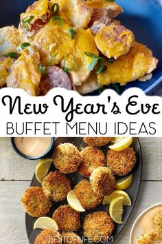 the new year's eve buffet menu with lemons, meatballs and potatoes