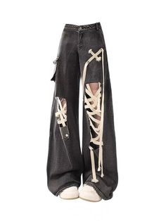 Dark Lace - Up Skeleton Pants - Black Wide Jeans, Skeleton Pants, Indie Aesthetic Outfits, Female Pants, Fall Outfits Y2k, Design Jeans, Street Clothes, 2000s Style, Harajuku Streetwear