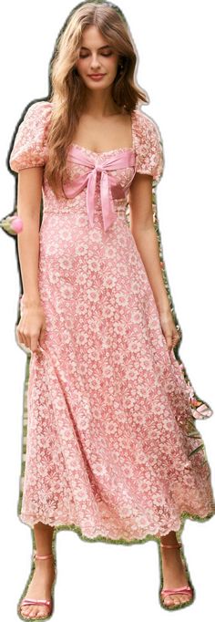 Pink Lace Maxi Dress, Spring Staples, Ribbon Design, Traditional Fashion, Lace Maxi, Patterned Fabric, Lace Maxi Dress, Pink Bow, Pink Lace