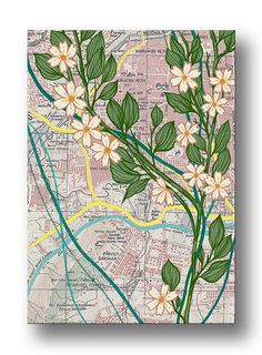 a map with white flowers and green leaves on it