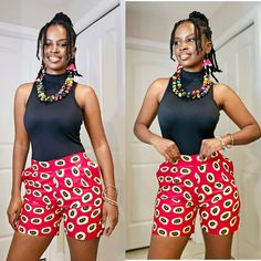 This vibrant authentic Ankara print shorts is the perfect addition to your wardrobe and perfect unique gift for her! Size: 4  Waist: 28" Stretchy + Zipper Hips: 34" Height: 15"  Color: Red & Black  Material: African print, 100% Cotton. Due to screen resolution, color may appear different than the actual product. Fabric patterns may not look identical due to variances in fabric prints. Each pair may look slightly different from the one pictured, which gives you unique custom beautiful dress made just for you! check out our shop for more African inspired fashion and accessories. https://www.etsy.com/your/shops/NicolorByNicole/ follow us on Instagram for fun behind the scenes! https://www.instagram.com/nicolorfulness/ Thank you for visiting NicolorByNicole. If you have any question, Pease don Ankara Shorts For Women, Latest Ankara Shorts For Women, Ankara Shorts High Waist, African Print Shorts, Ankara Shorts, Stylish Shorts, Ankara Print, Fabric Prints, Print Shorts