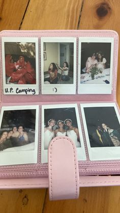 an open pink case with four photos on it