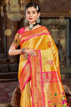 Product Features: Saree: Saree as seen in picture - Choose the drape style while order: Standard, Pleated or Gujarati Saree Color: Yellow Saree Fabric: Paithani Silk Blouse: Please choose the selection "As seen in picture" or customize your selection Blouse Color: Pink Blouse Fabric: Paithani Silk Wash: Dry Clean Occasion: Festive Disclaimer: There will be slight difference in digital to actual image Yellow Paithani, Gujarati Saree, One Minute Saree, Orange Saree, Yellow Saree, Art Silk Sarees, Yellow Blouse, Saree Fabric, Innovative Fashion