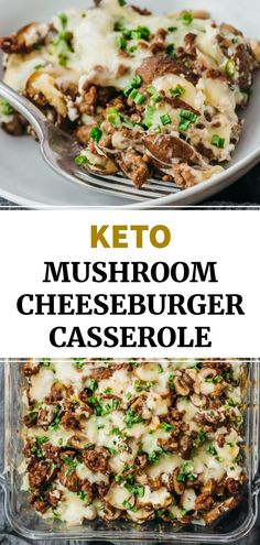 keto mushroom cheeseburger casserole in a glass dish