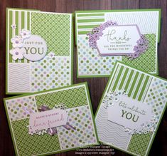 four handmade cards with thank you written on the front and back, all in different colors