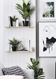 a white bedroom with plants and pictures on the wall