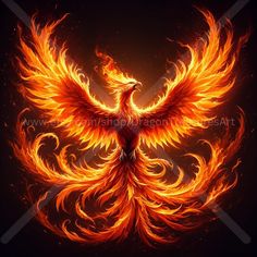 a bird with orange and red flames on it's wings