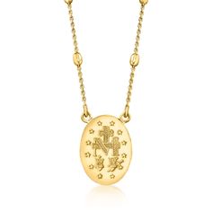 Ross-Simons - Italian 18kt Yellow Gold Over Miraculous Medal Bead Station Necklace. 20". Based on a vision of the Virgin Mary, the Miraculous Medal is one of the most popular religious jewelry items of the Catholic faith. In gleaming 18kt yellow gold over sterling silver, this devotional pendant suspends from a cable chain lined with oval bead stations. Crafted in Italy. Lobster clasp, 18kt yellow gold over sterling silver Miraculous Medal necklace. Miraculous Medal Necklace, The Virgin Mary, Miraculous Medal, Station Necklace, Religious Jewelry, Catholic Faith, Virgin Mary, Cable Chain, Lobster Clasp