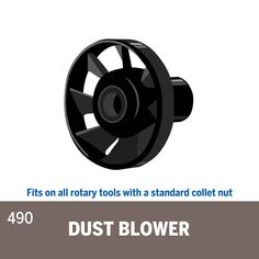 the dust blower has four wheels on it and is black with white lettering that reads,