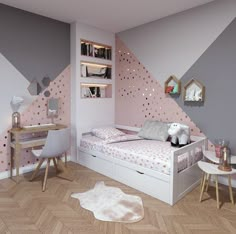 a bedroom with a bed, desk and chair in it on the floor next to a book shelf