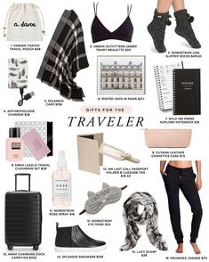 the contents of a woman's travel bag including luggage, clothing and accessories for her