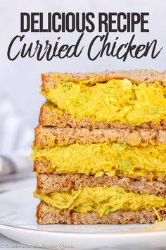 three sandwiches stacked on top of each other with the words how to make currie chicken salad sandwiches