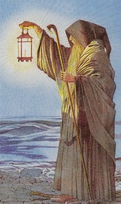 a drawing of a woman holding a lantern in her hand and standing on the beach