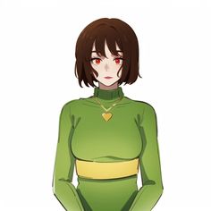 an anime character with red eyes and green outfit, standing in front of a white background