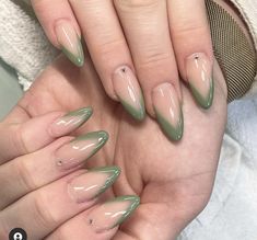 Green Jelly Nails Acrylic, Olive Green French Tip Nails Almond, Dramatic French Tip Nails, Jade Green Nails Acrylic Almond, Green Nail Designs Simple, Olive Green Almond Nails, Green French Tip Nails Almond, Green Almond Shaped Nails, Green Almond Acrylic Nails