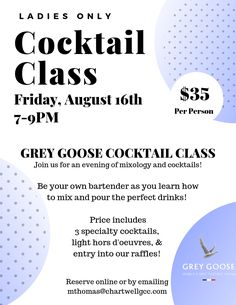 an advertisement for the cocktail class on friday, august 10th at 7pm - 7pm