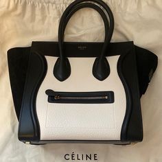 Cline Luggage Micro Gold Hardware Handbag Calf Ladies Black / White Leather Satchel. Comes With Dust Bag. Pristine.L Celine Luggage Micro, Celine Bags, Celine Luggage Bag, Leather Satchel, Black Handbags, Gold Hardware, White Leather, Dust Bag, Satchel