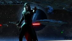 a star wars character standing in front of a space station with two lights on his hand