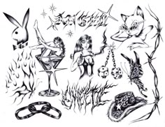 a drawing of various tattoos on a white background