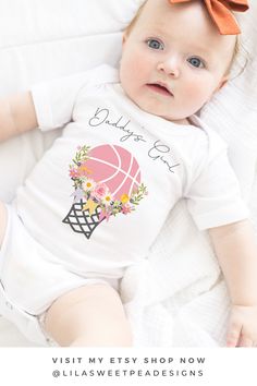 This adorable basketball themed baby bodysuit is the ideal gift for the basketball princess . Perfect as a baby shower gift; as a baby announcement; a great addition to other gifts for the new parents, Christmas gift; and without saying, during the basketball season. And of course: you can always buy it “just because” – your baby girl’s cute introduction to your favorite sport, Basketball. This sweet baby bodysuit will sure be a hit with your fellow basketball lovers ♥ #basketballbabygirloutfit