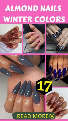 Almond Nail Colors, Almond Nails Designs Winter, Almond Nails Winter Colors, White Almond Nails, Black Almond Nails, Nail Collection, Shaped Nails