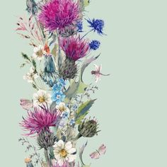 a bouquet of wildflowers and other flowers on a green background with butterflies flying around