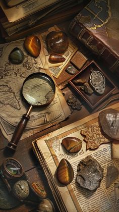 an old book, magnifying glass and other items on a table