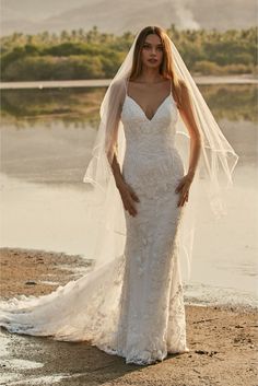 a woman in a wedding dress standing on the beach with her veil over her head