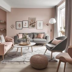 a living room filled with furniture and pink walls