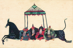 an artistic painting of three people riding on a horse with a carousel in the background