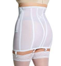 High waisted girdle is power mesh with supportive boning for a stable fit that gives the tummy a firmer look. Elastic garters are adjustable. Sewn-on elastic waistband stops the high waist. Sheer power mesh body has smooth surface to prevent cling. Allover firm control panels help give you a sleeker shape. Front panel has floral lace accents. Flexible boning along sides, front and back for support and to prevent ride up. Non-removable elastic garters adjust with silvertone metal hardware. Coated Fitted White Underbust Shapewear, Fitted White Bottoms With Zipper Closure, Fitted White Mesh Bottoms, White Fitted Mesh Bottoms, White Fitted Shapewear Briefs, Fitted Nylon Bottoms With Mesh Back, Fitted Mesh Brief Bottoms, Fitted Bottoms With Mesh Back In Nylon, White Underbust Shaping Shapewear