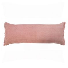 a pink linen pillow with fringes on the front and back, against a white background