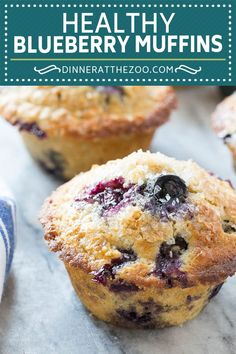 blueberry muffins with text overlay that reads healthy blueberry muffins