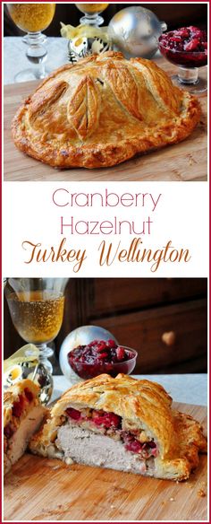 cranberry hazelnut turkey wellington pie is cut in half and ready to be eaten