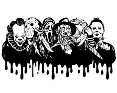 an ink drawing of five scary clowns in black and white, with dripping paint