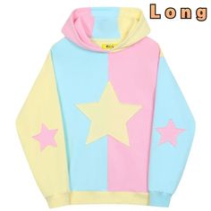 Pink Kawaii Sweatshirt With Drawstring Hood, Trendy Hooded Sweatshirt With Star Print, Trendy Oversized Hoodie With Star Print, Pink Kawaii Hoodie With Drawstring Hood, Pink Harajuku Hooded Sweatshirt, Pink Harajuku Style Hooded Sweatshirt, Cute Multicolor Cotton Hoodie, Pink Harajuku Hoodie With Drawstring, Trendy Color Block Hoodie For Spring