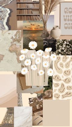 a collage of photos with flowers and other things in the background, including an eiffel tower