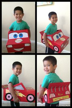 four different pictures of a boy holding a cardboard firetruck with cars on it