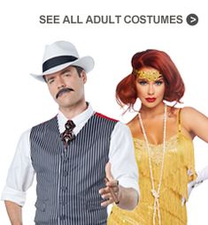 two people dressed in costumes standing next to each other with the caption see all adult costumes