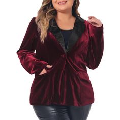 Elegant Design: This velvet blazer exudes sophistication and style with its vintage-inspired look, sparkling contrast notched lapel, and button details. Pair it with jeans and a simple t-shirt for a fashionable outfit that can be worn to work, lunch dates, or casual outings. Perfect for wearing to formal events, parties, or date nights, this blazer is sure to turn heads and make you feel confident and stylish. Plus-Size Fit: Designed with a comfortable and flattering plus-size fit, this blazer i Winter Party Blazer With Suit Collar, Holiday Semi-formal Long Sleeve Blazer, Semi-formal Holiday Blazer With Long Sleeves, Holiday Long Sleeve Semi-formal Blazer, Semi-formal Long Sleeve Holiday Blazer, Party V-neck Single Breasted Blazer, Single Breasted V-neck Outerwear For Party, Holiday Long Sleeve Blazer For Semi-formal Occasions, Chic Holiday Blazer For Formal Occasions