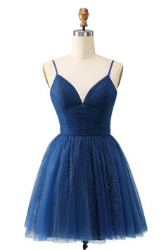 Straps Navy Blue Sparkle A-line Short Party Dress Hoco Dresses Tulle, Cobalt Blue Hoco Dress, Short Dresses For Prom Simple, Graduation Dress Navy Blue, Under The Stars Dress Ideas, Short Grad Dresses, Aesthetic Homecoming Dress, Dark Blue Hoco Dress, Blue Hoco Dress Short