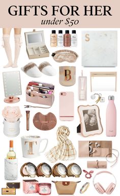 the gift guide for her under 30 is shown in pink, gold and white tones