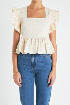 Glow up your wardrobe with this chic Square Neckline Ruffled Top. It features a square neckline sleeveless construction a peplum detail at the bottom and pleated ruffle shoulder for an edgy yet sophisticated look. Dress it up with heeled sandals for a night out or go casual with sneakers. It's perfect for any occasion making it a must-have item in your collection. Get this stylish top now and let it level up your wardrobe! Square neckline Sleeveless Bottom peplum detail Pleated ruffle shoulder R Chic Peplum Top For Day Out, Chic Peplum Top For Date Night, Chic Fitted Top With Ruffled Straps, Chic Fitted Tops With Ruffled Straps, Chic Fitted Peplum Top, Chic Fitted Peplum Top For Date Night, Chic Summer Peplum Top With Flutter Sleeves, Chic Peplum Top With Ruffles, Chic Peplum Top With Ruffle Sleeves