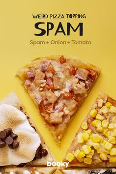 three different types of pizza with toppings on them and the words weird pizza topping spam