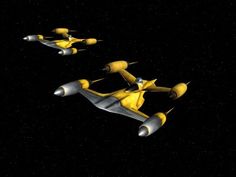 three yellow and gray planes flying in the sky at night time with stars around them